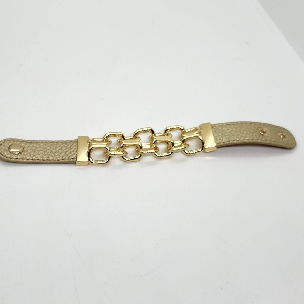Gold Tone Link‎ Leather Band Bracelet Guang Tong